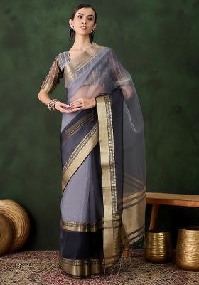 Grey Embroidered Oragnza Saree Set