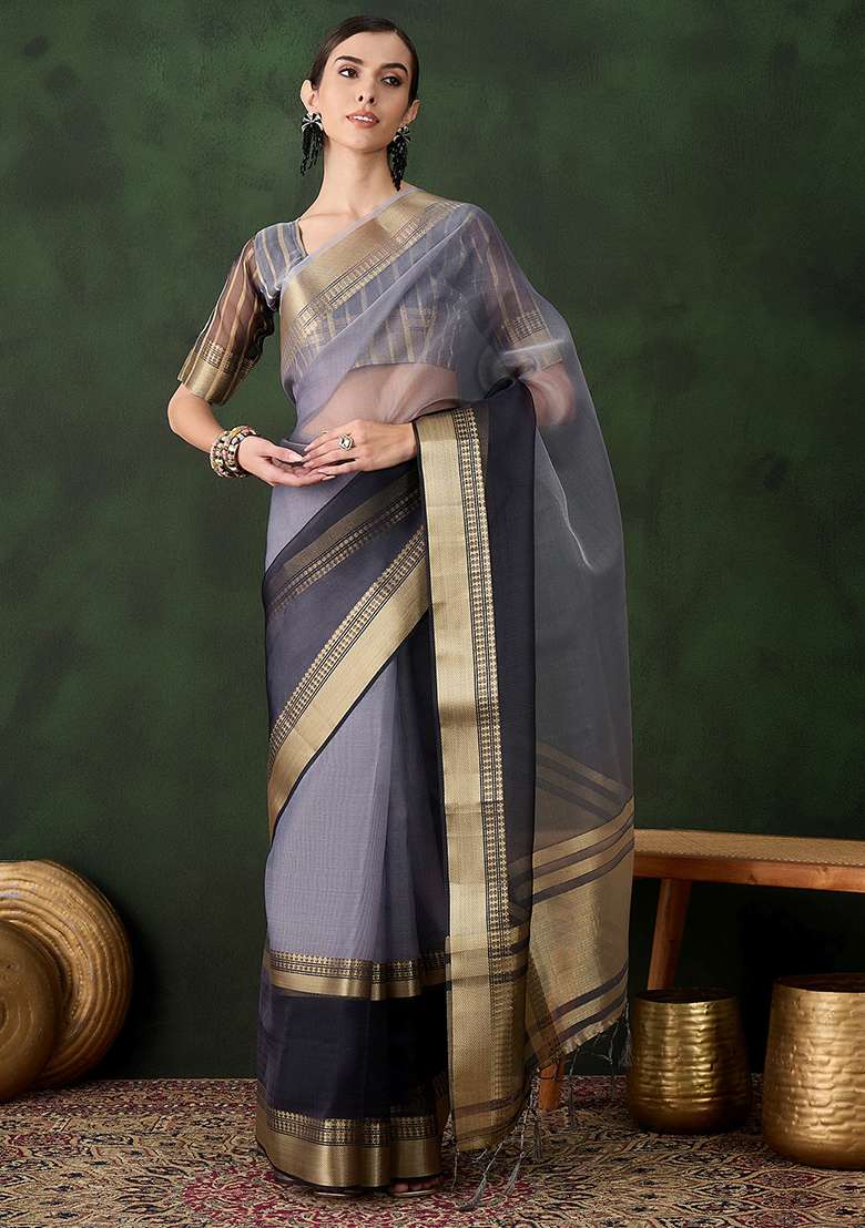 Grey Embroidered Oragnza Saree Set for Diwali and Festive Wear - Indya