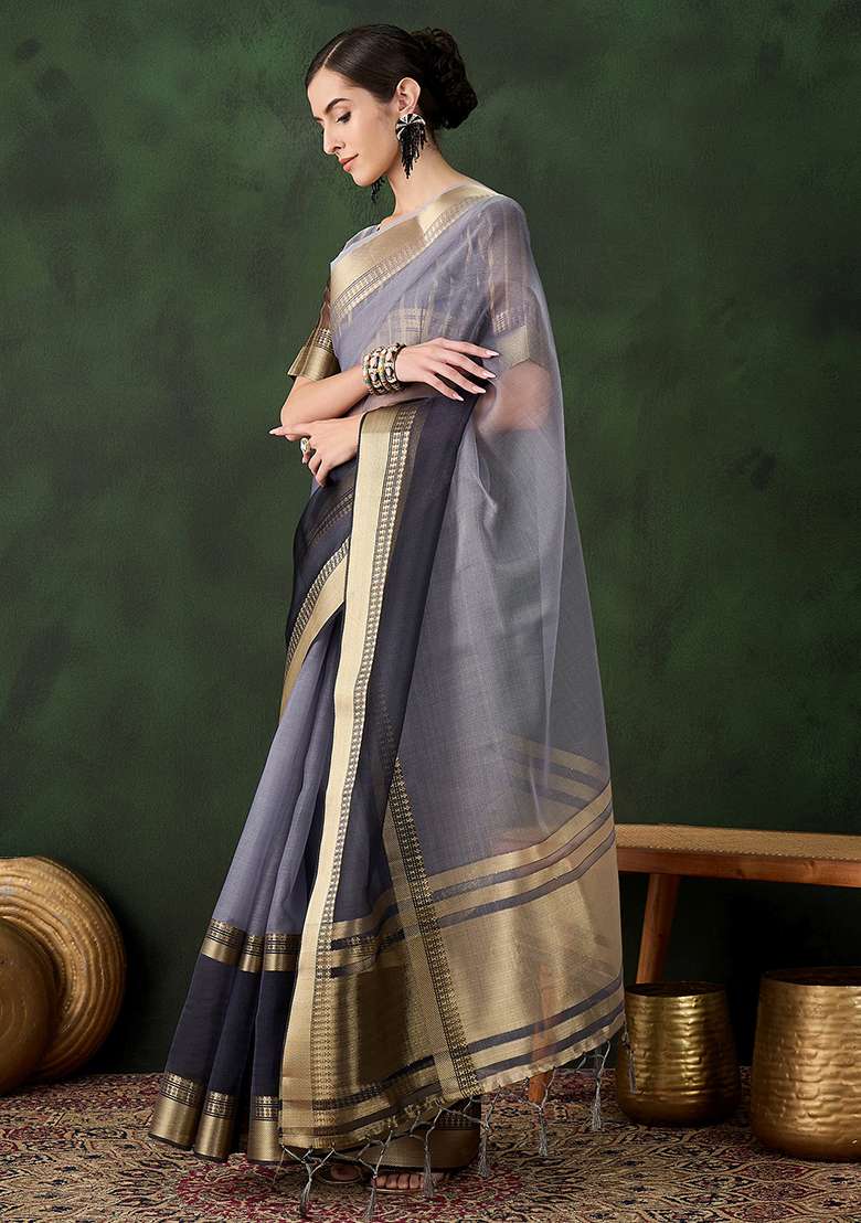 Grey Embroidered Oragnza Saree Set for Diwali and Festive Wear - Indya