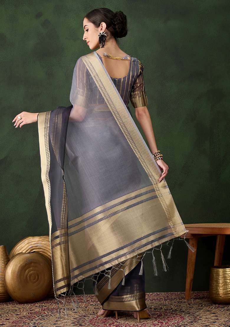 Grey Embroidered Oragnza Saree Set for Diwali and Festive Wear - Indya