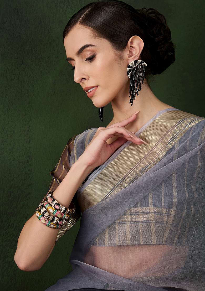 Grey Embroidered Oragnza Saree Set for Diwali and Festive Wear - Indya