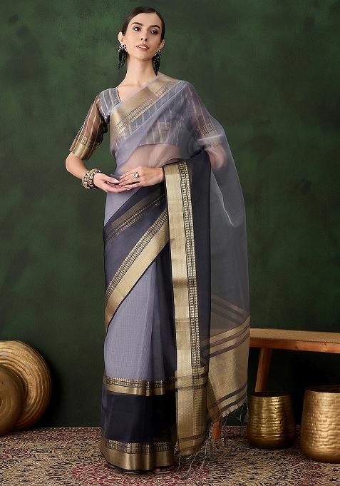 Grey Embroidered Oragnza Saree Set