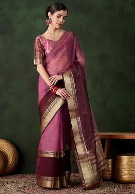 Wine Embroidered Oragnza Saree Set