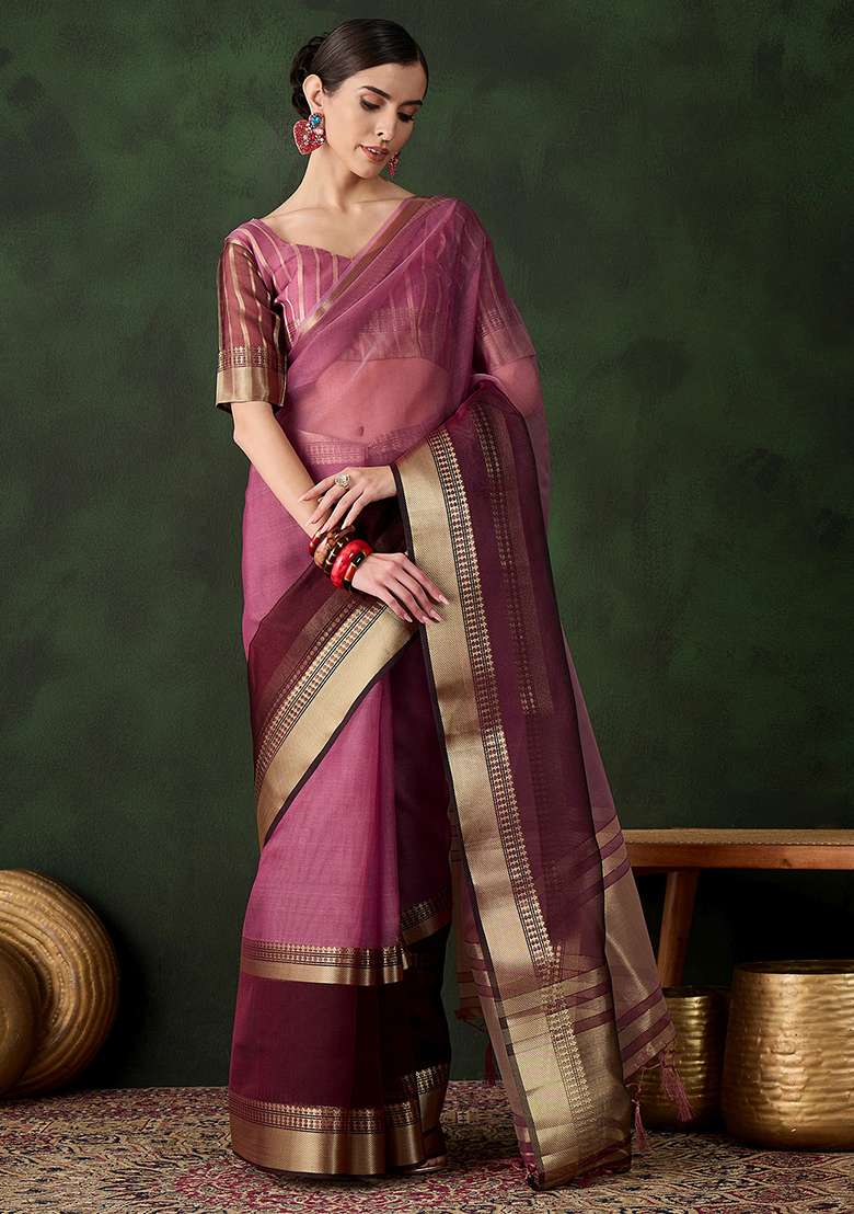 Wine Embroidered Oragnza Saree Set for Diwali and Festive Wear - Indya