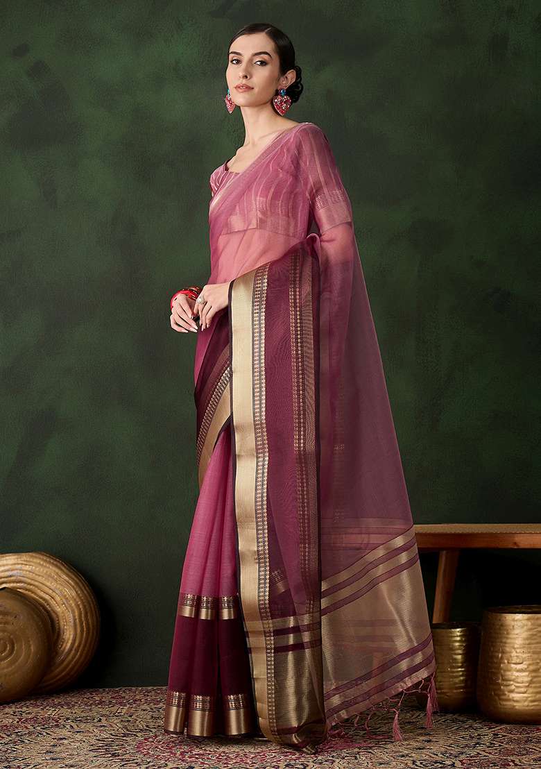 Wine Embroidered Oragnza Saree Set for Diwali and Festive Wear - Indya