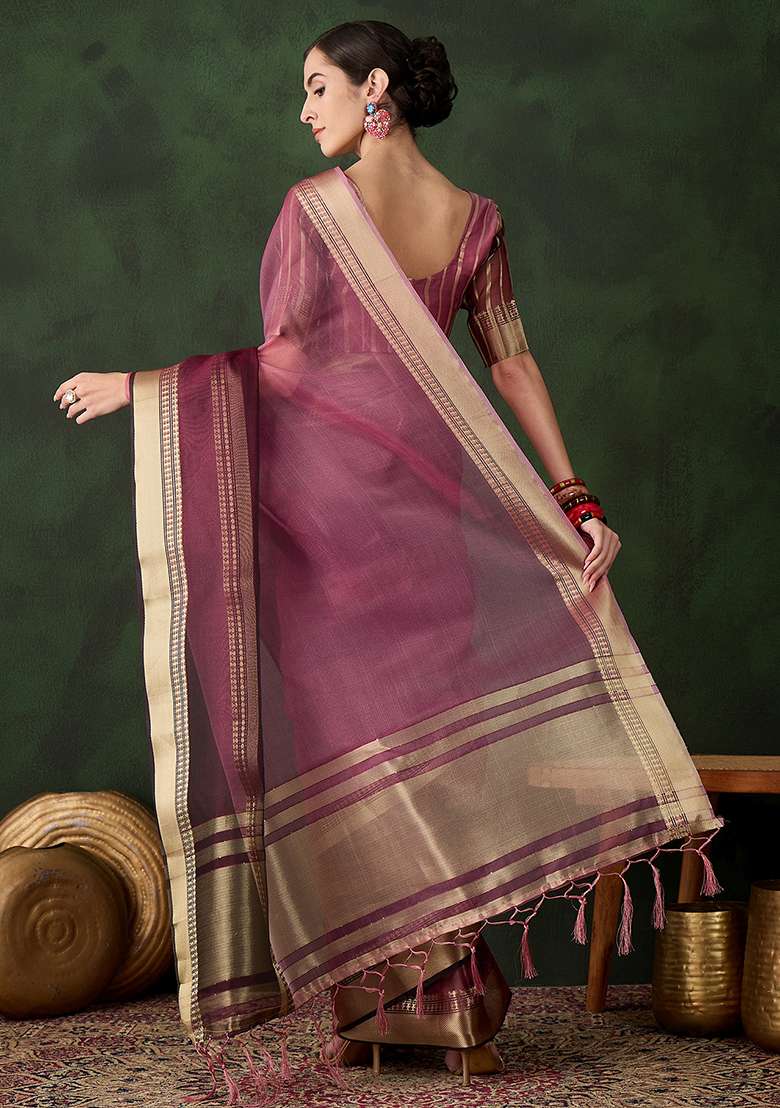 Wine Embroidered Oragnza Saree Set for Diwali and Festive Wear - Indya