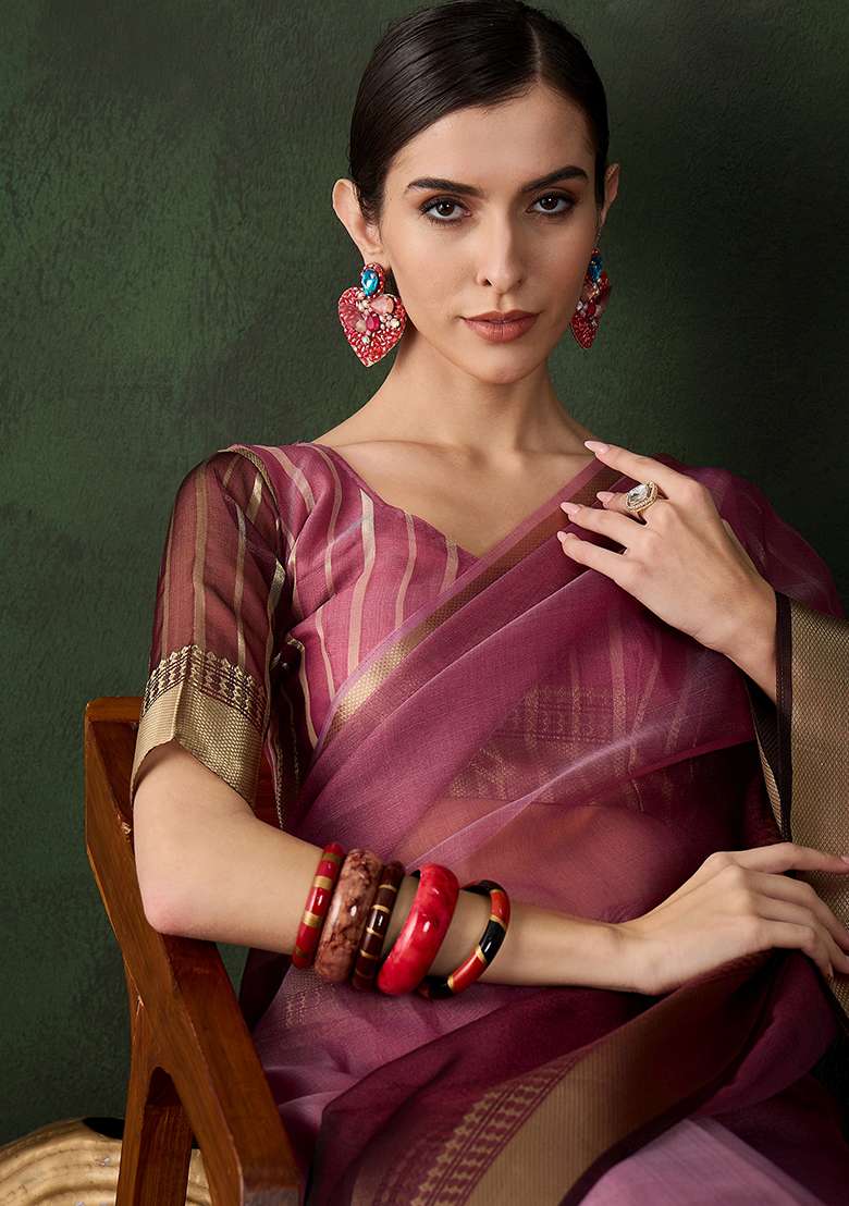 Wine Embroidered Oragnza Saree Set for Diwali and Festive Wear - Indya