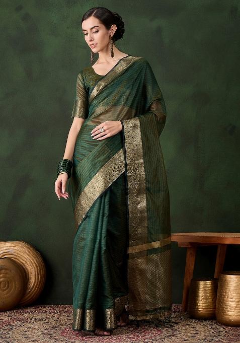 Green Embroidered Oragnza Saree Set