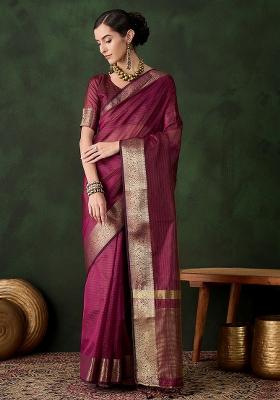 Magenta Embroidered Oragnza Saree Set