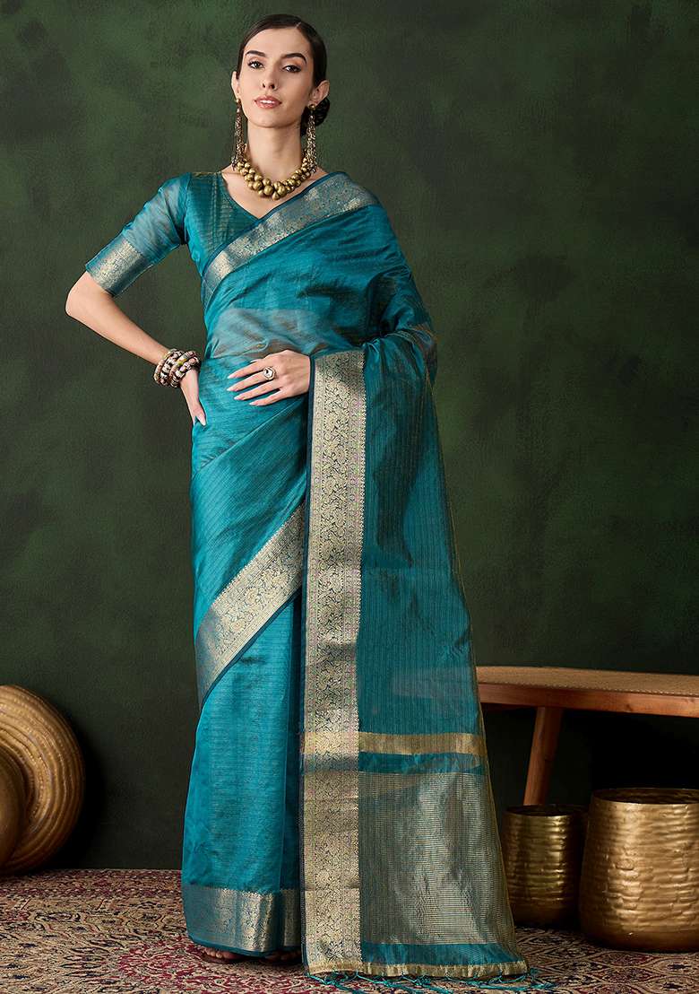 Teal Blue Embroidered Oragnza Saree Set for Diwali and Festive Wear - Indya