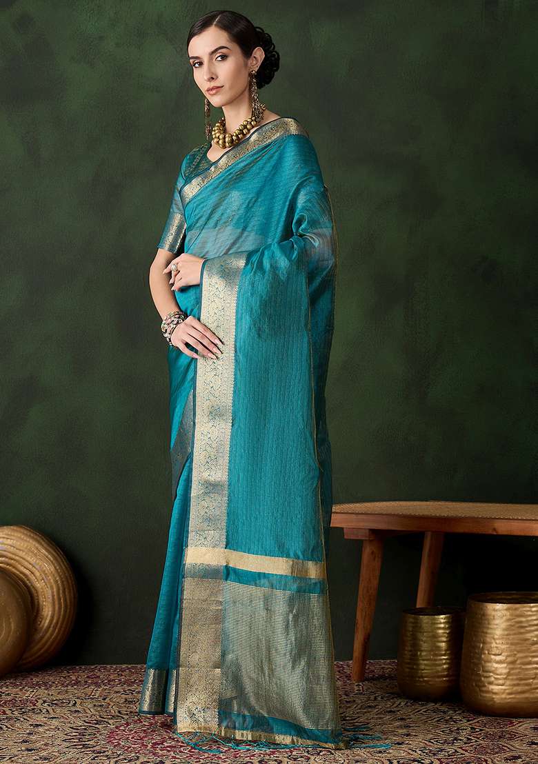 Teal Blue Embroidered Oragnza Saree Set for Diwali and Festive Wear - Indya