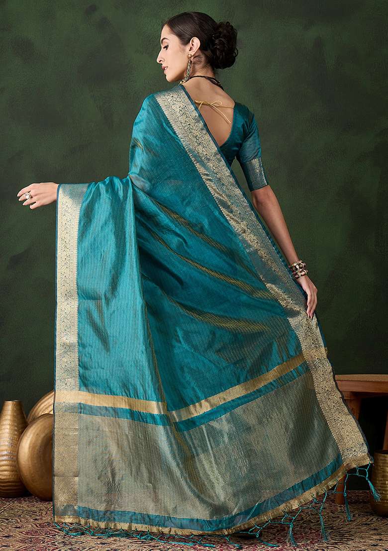 Teal Blue Embroidered Oragnza Saree Set for Diwali and Festive Wear - Indya