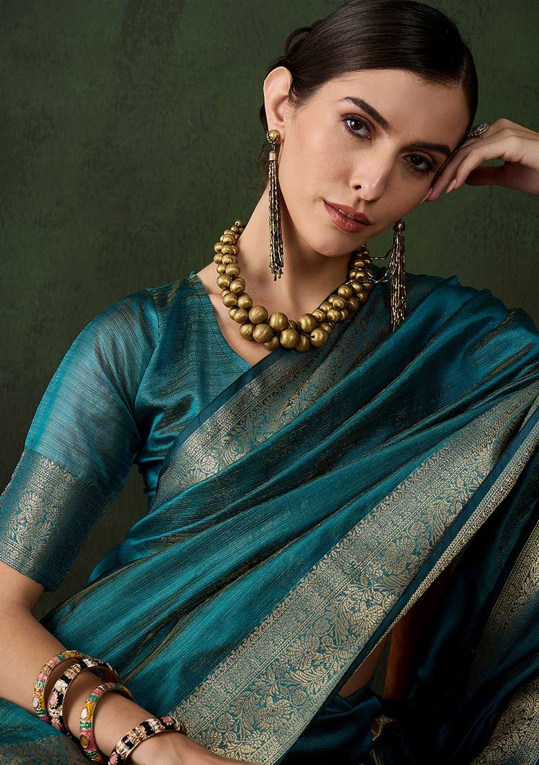 Teal Blue Embroidered Oragnza Saree Set for Diwali and Festive Wear - Indya