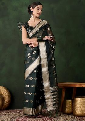 Green Embroidered Oragnza Saree Set