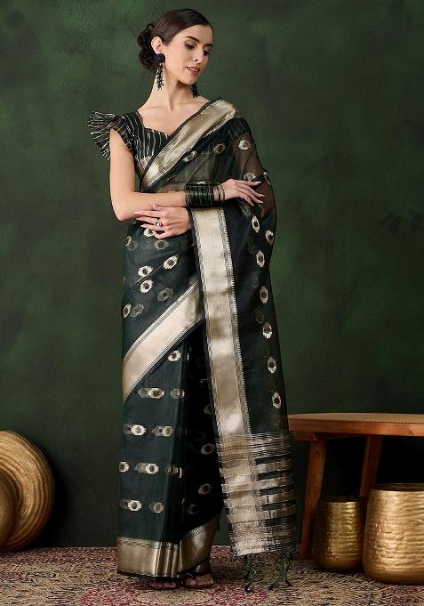 Green Embroidered Oragnza Saree Set