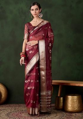Maroon Embroidered Oragnza Saree Set