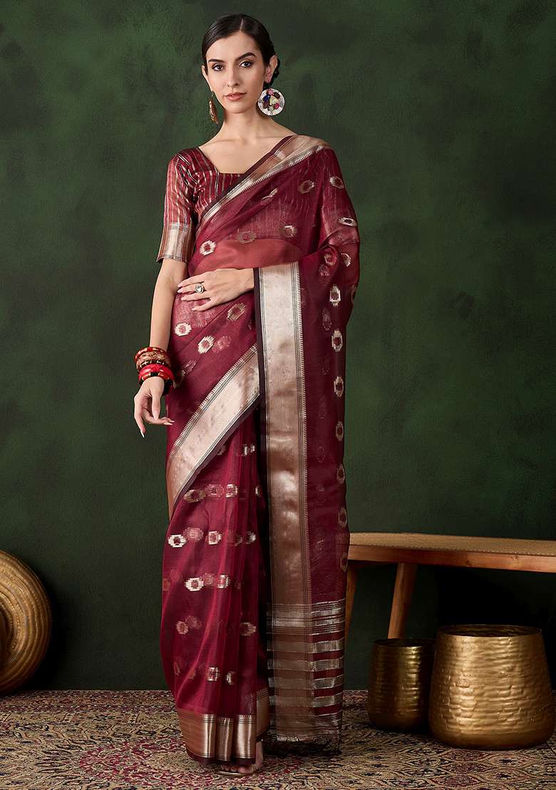 Maroon Oragnza Saree Set with Embroidered for Diwali | Wedding & Festive Wear - Indya