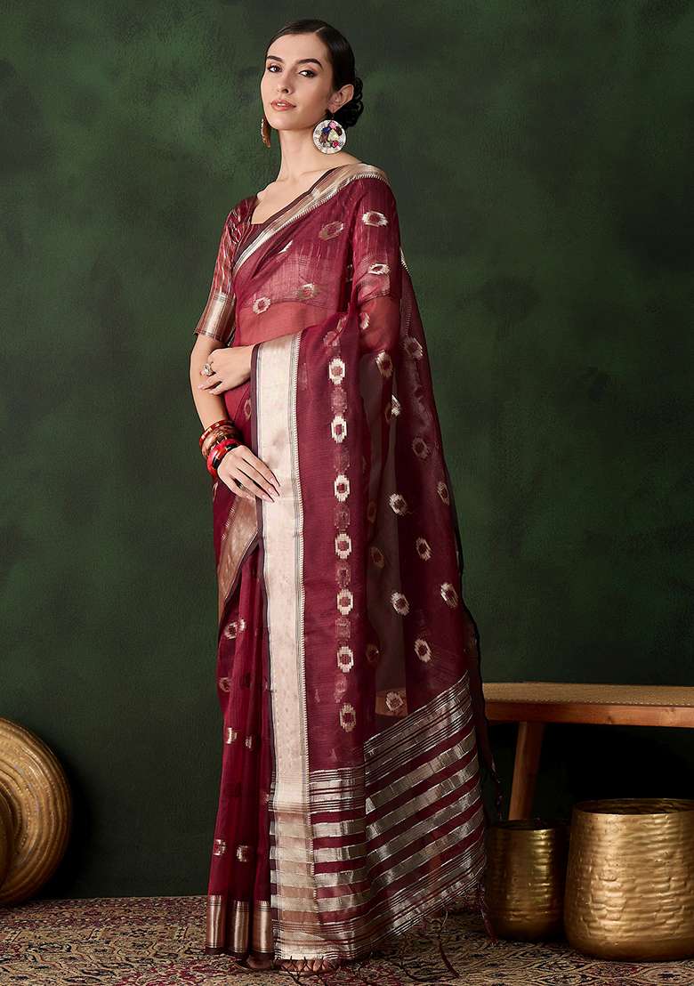 Maroon Oragnza Saree Set with Embroidered for Diwali | Wedding & Festive Wear - Indya