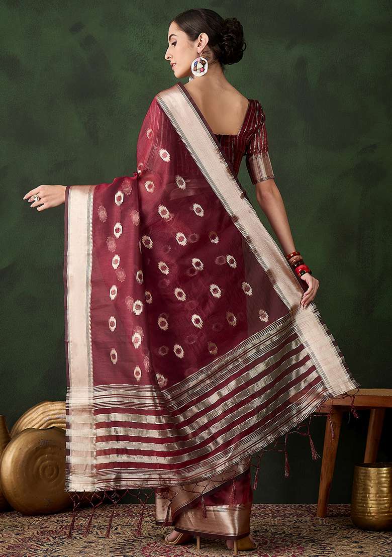 Maroon Oragnza Saree Set with Embroidered for Diwali | Wedding & Festive Wear - Indya