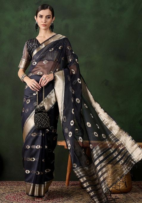 Navy Blue Embroidered Oragnza Saree Set