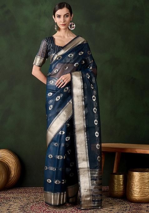 Teal Blue Embroidered Oragnza Saree Set