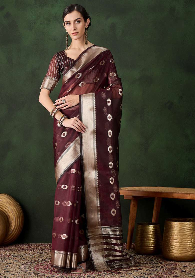 Voilet Embroidered Oragnza Saree Set for Diwali and Festive Wear - Indya