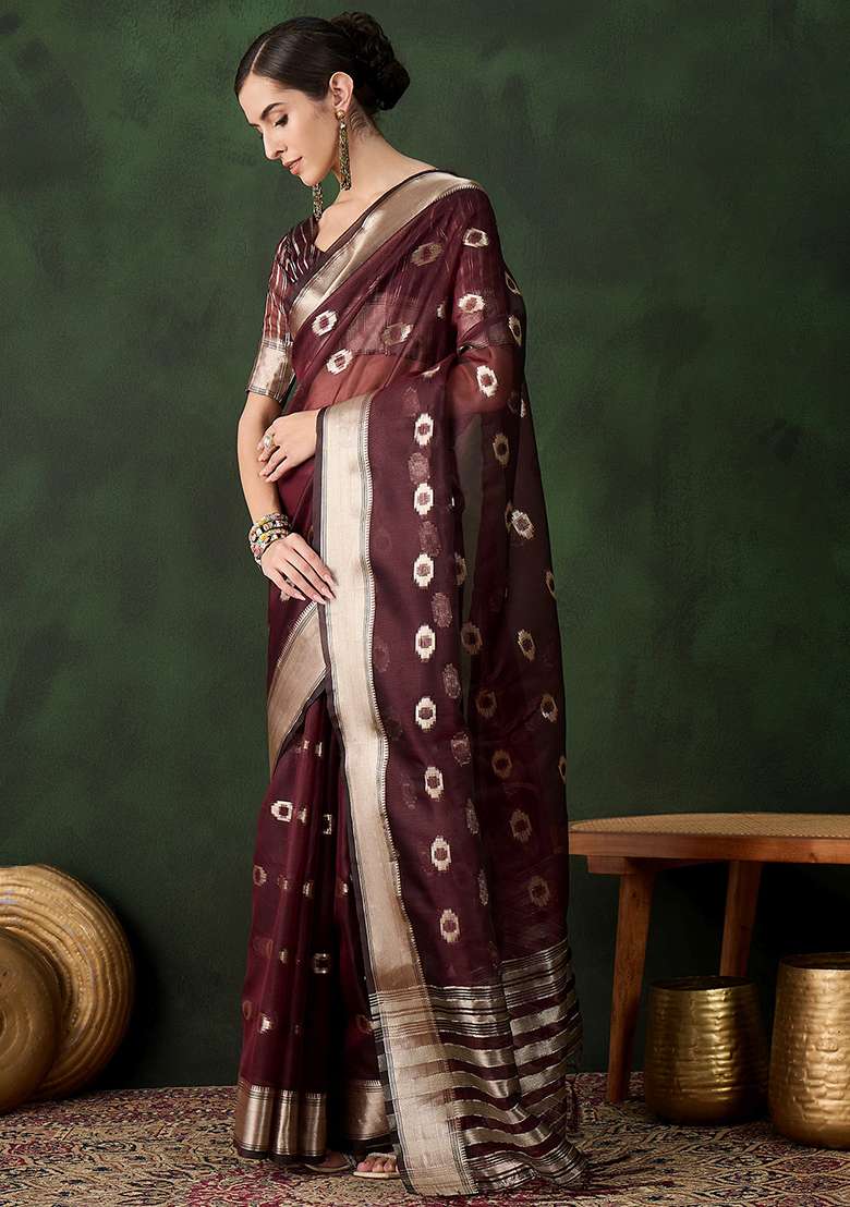 Voilet Embroidered Oragnza Saree Set for Diwali and Festive Wear - Indya
