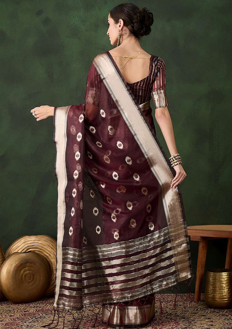 Voilet Embroidered Oragnza Saree Set for Diwali and Festive Wear - Indya