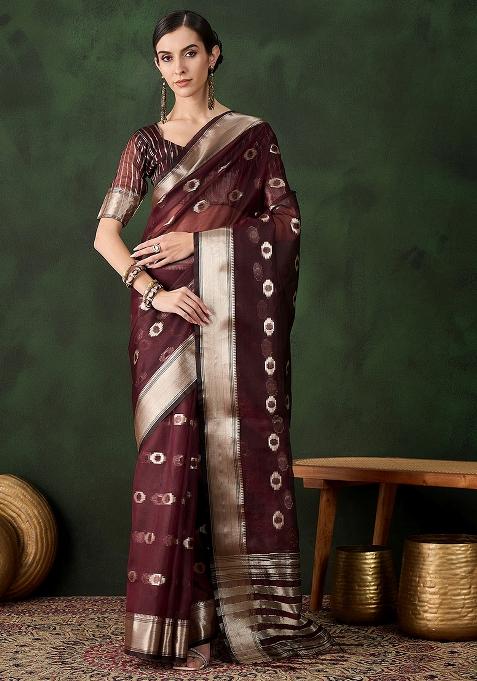 Voilet Embroidered Oragnza Saree Set