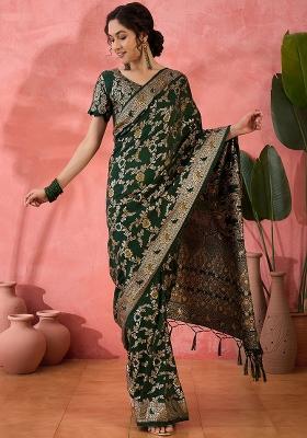 Green Embroidered Jacquard Saree Set