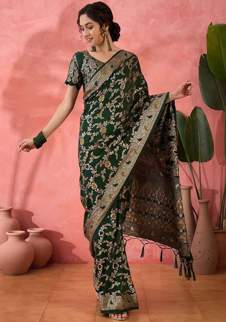Green Embroidered Jacquard Saree Set - Indya