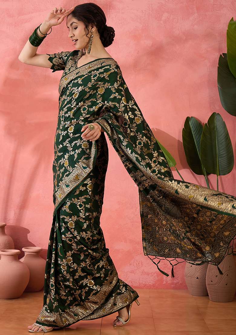 Green Embroidered Jacquard Saree Set - Indya