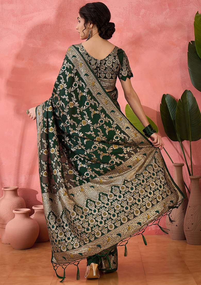 Green Embroidered Jacquard Saree Set - Indya