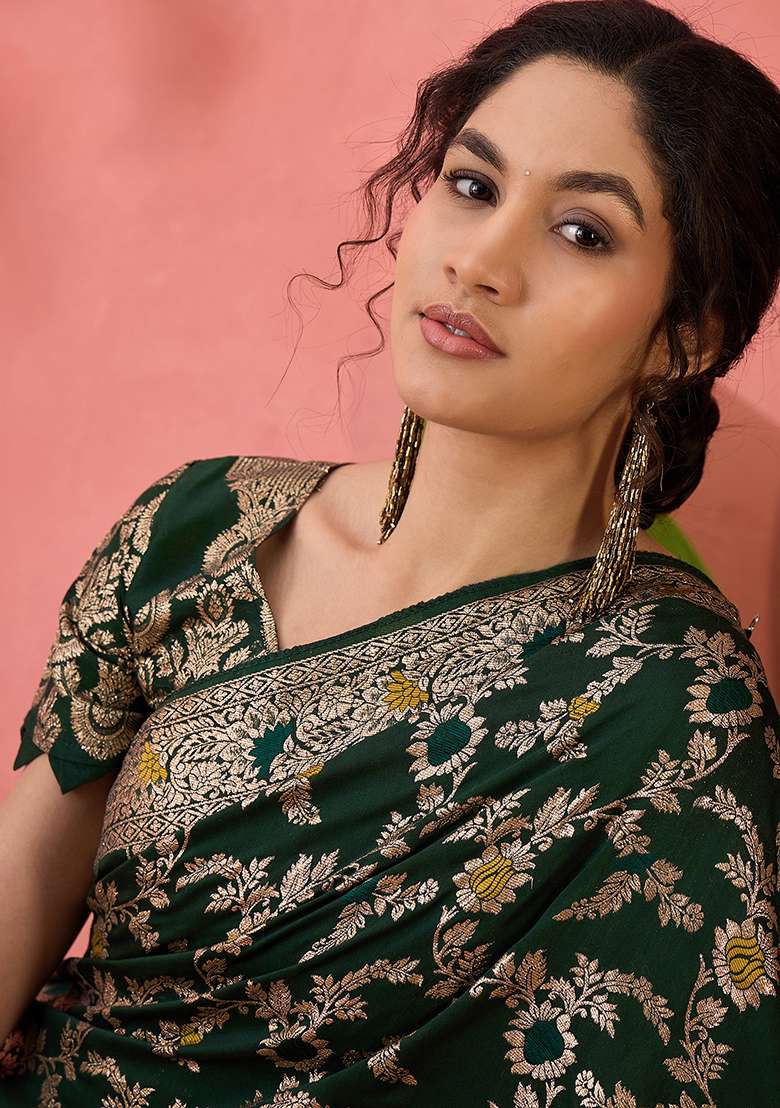Green Embroidered Jacquard Saree Set - Indya