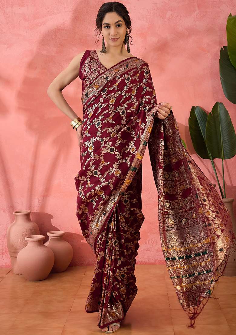 Maroon Embroidered Jacquard Saree Set for Diwali and Festive Wear - Indya