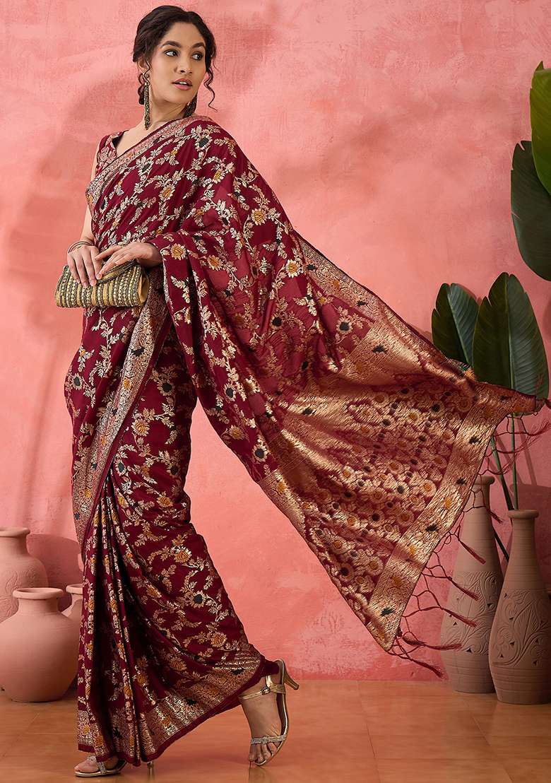 Maroon Embroidered Jacquard Saree Set for Diwali and Festive Wear - Indya
