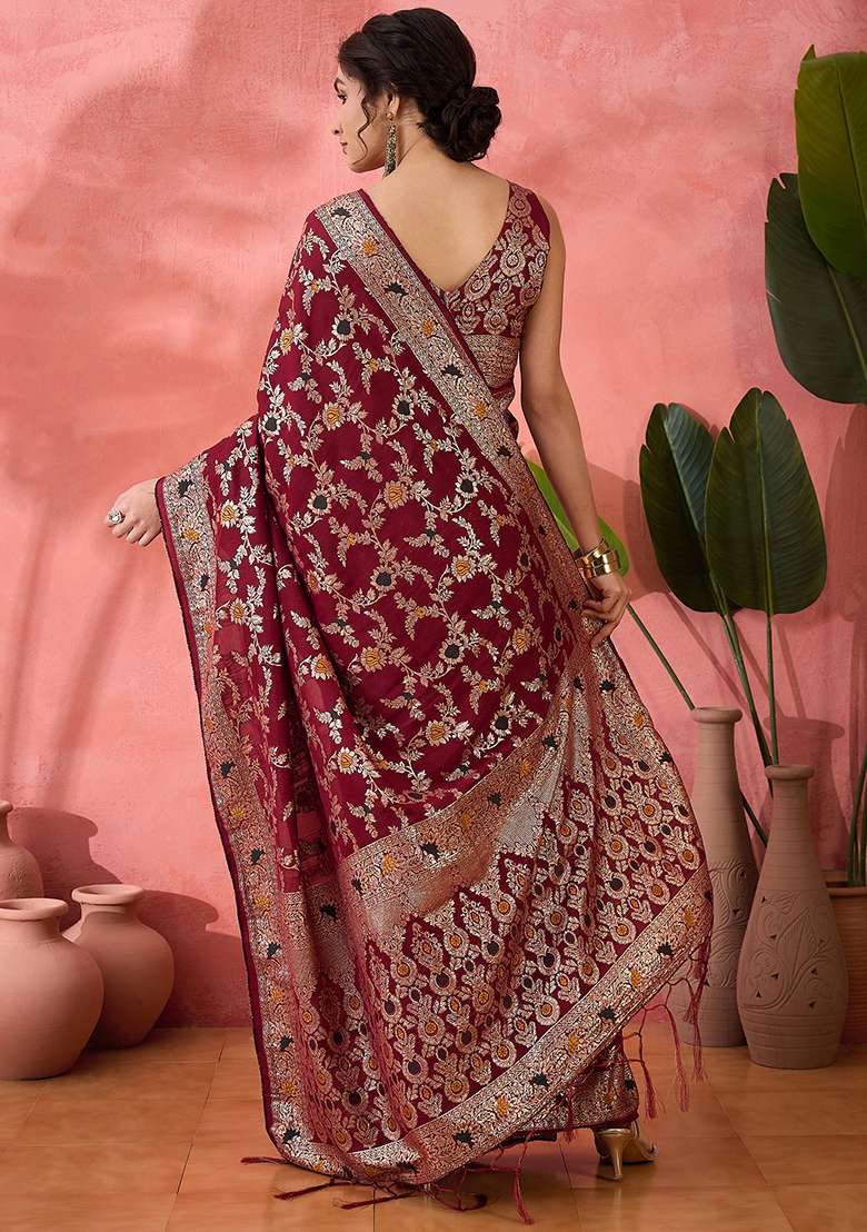 Maroon Embroidered Jacquard Saree Set for Diwali and Festive Wear - Indya