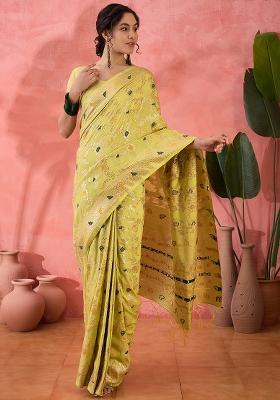 Pista Green Embroidered Jacquard Saree Set