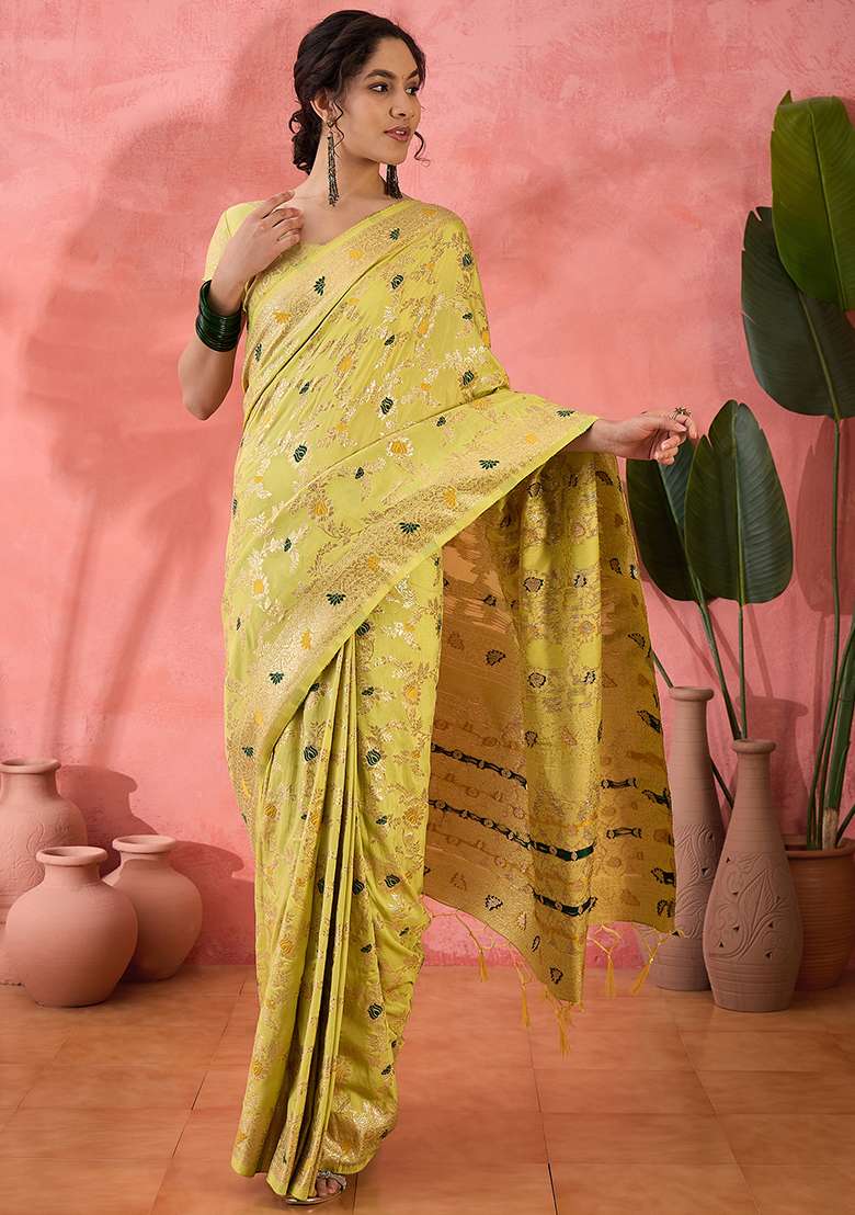 Pista Green Jacquard Saree Set with Embroidered for Diwali | Wedding & Festive Wear - Indya