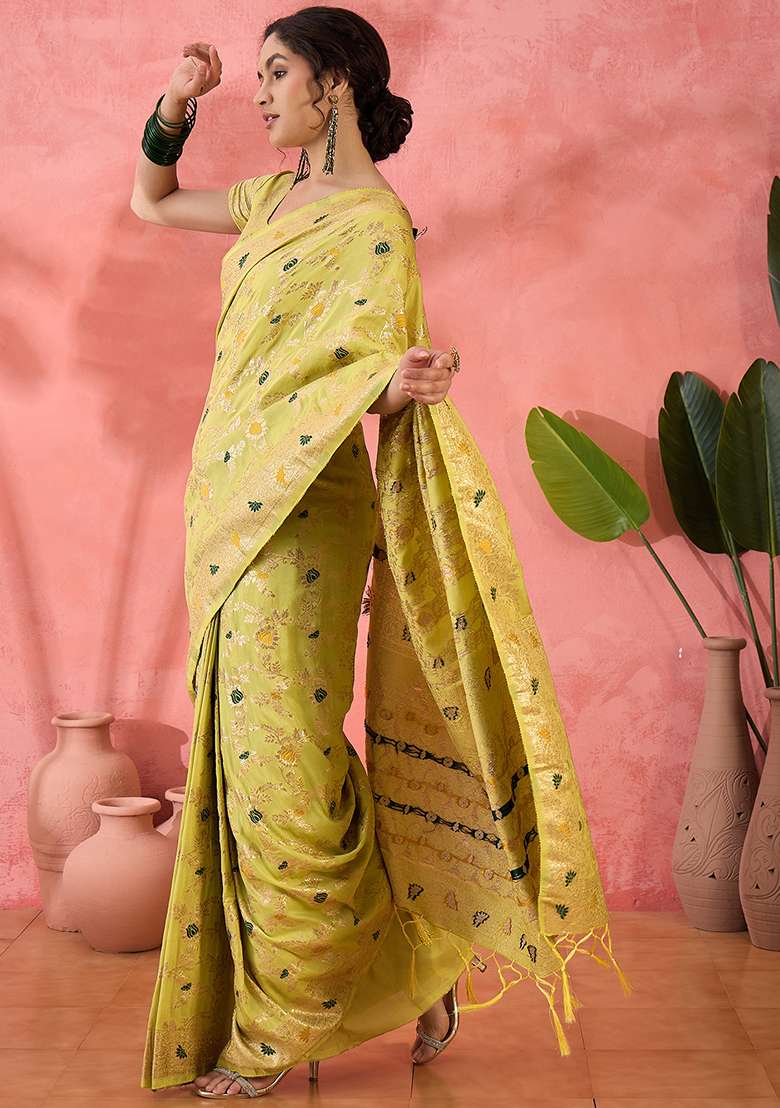 Pista Green Jacquard Saree Set with Embroidered for Diwali | Wedding & Festive Wear - Indya