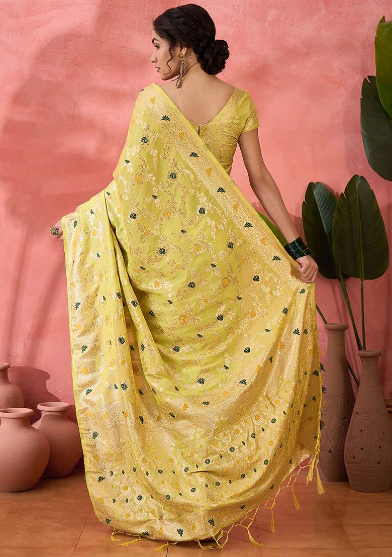 Pista Green Jacquard Saree Set with Embroidered for Diwali | Wedding & Festive Wear - Indya
