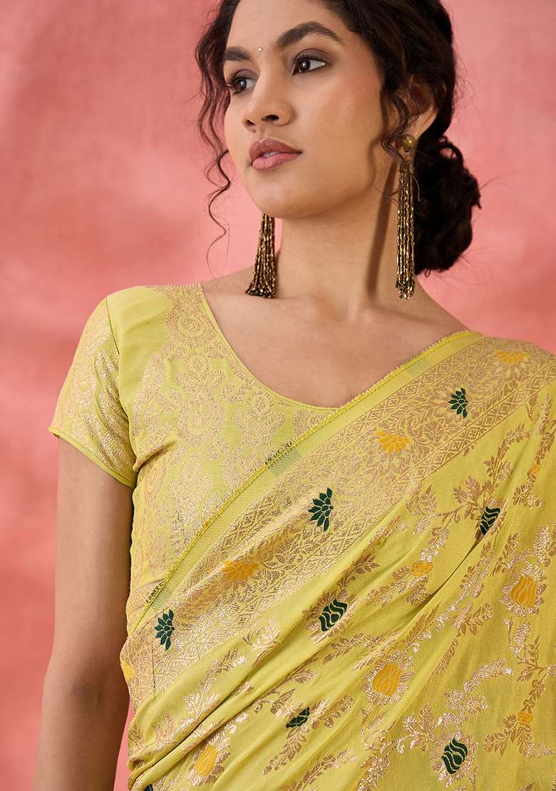 Pista Green Jacquard Saree Set with Embroidered for Diwali | Wedding & Festive Wear - Indya
