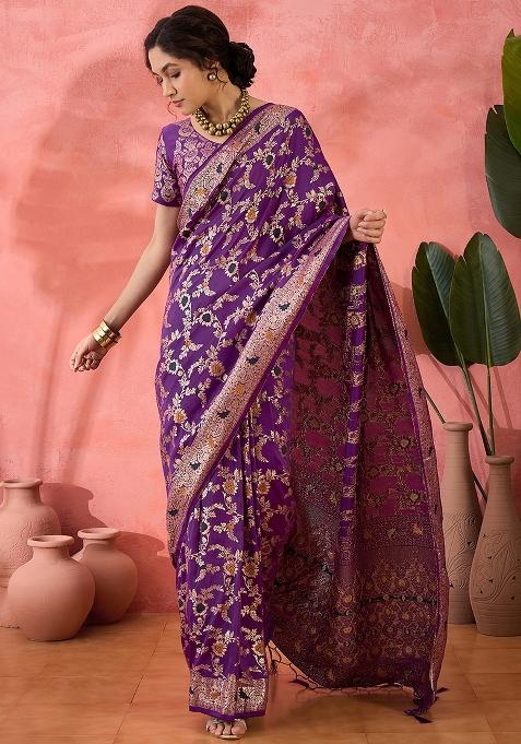 Purple Embroidered Jacquard Saree Set