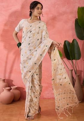 White Embroidered Jacquard Saree Set