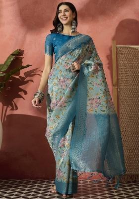Blue Embroidered Cotton Blend Saree Set