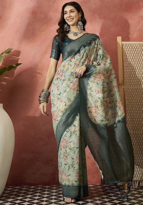 Green Embroidered Cotton Blend Saree Set