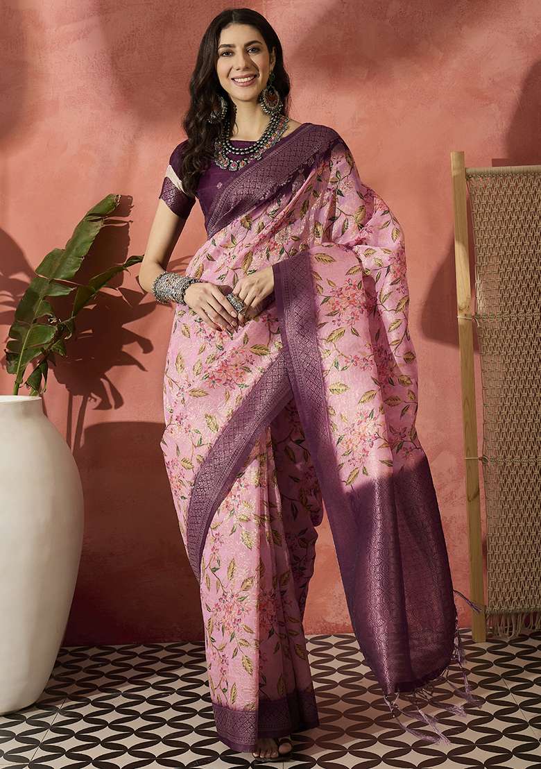 Magenta Blend Cotton Saree Set with Embroidered for Diwali | Wedding & Festive Wear - Indya
