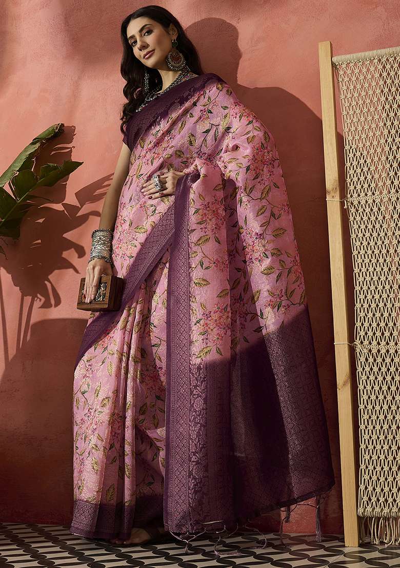 Magenta Blend Cotton Saree Set with Embroidered for Diwali | Wedding & Festive Wear - Indya