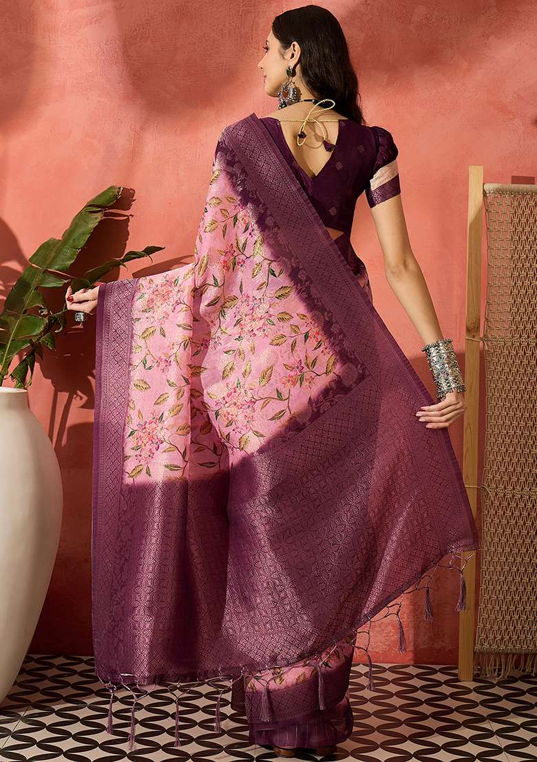 Magenta Blend Cotton Saree Set with Embroidered for Diwali | Wedding & Festive Wear - Indya