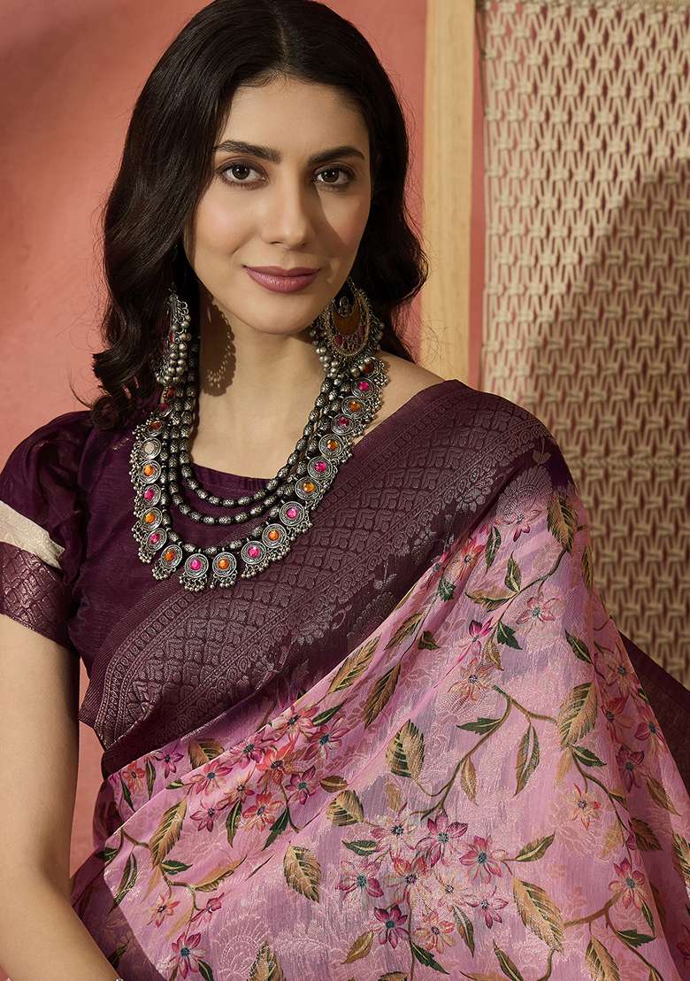 Magenta Blend Cotton Saree Set with Embroidered for Diwali | Wedding & Festive Wear - Indya